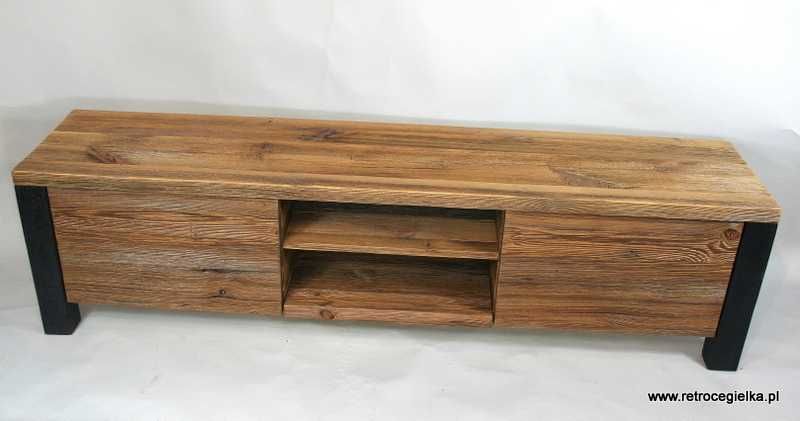 Szafka RTV, stare drewno sosnowe, drzwiczki, czarne nogi (RTV8)