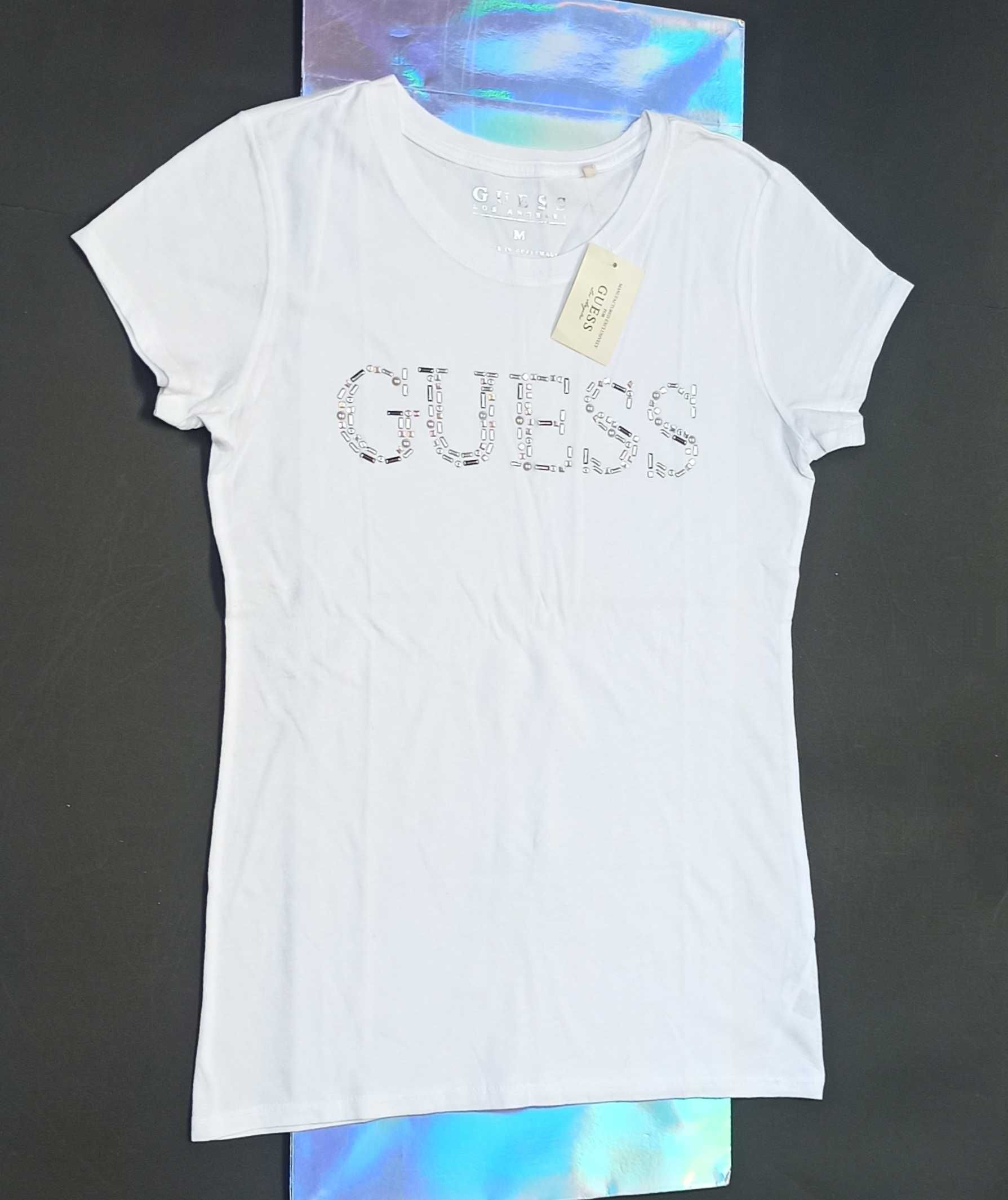 GUESS Oryginalna! Bluzka Koszulka T-Shirt Bialy Perelki Krysztalki