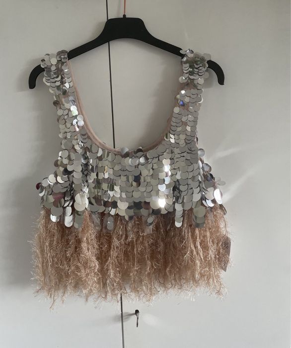 Asos luxe cekinowy top  bluzka pióra frędzle  42 xl