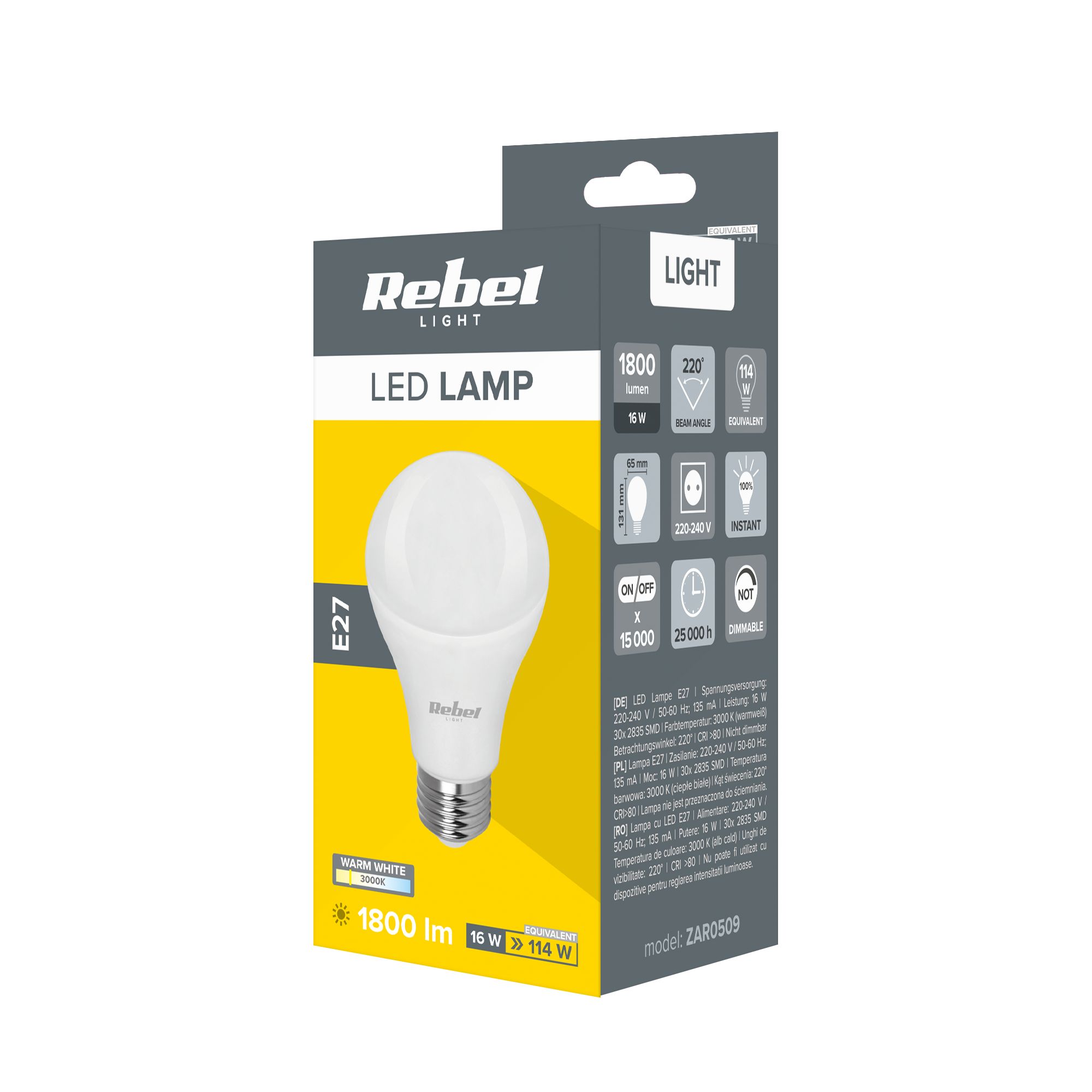 Lampa LED  Rebel A65 16W, E27, 3000K, 230V