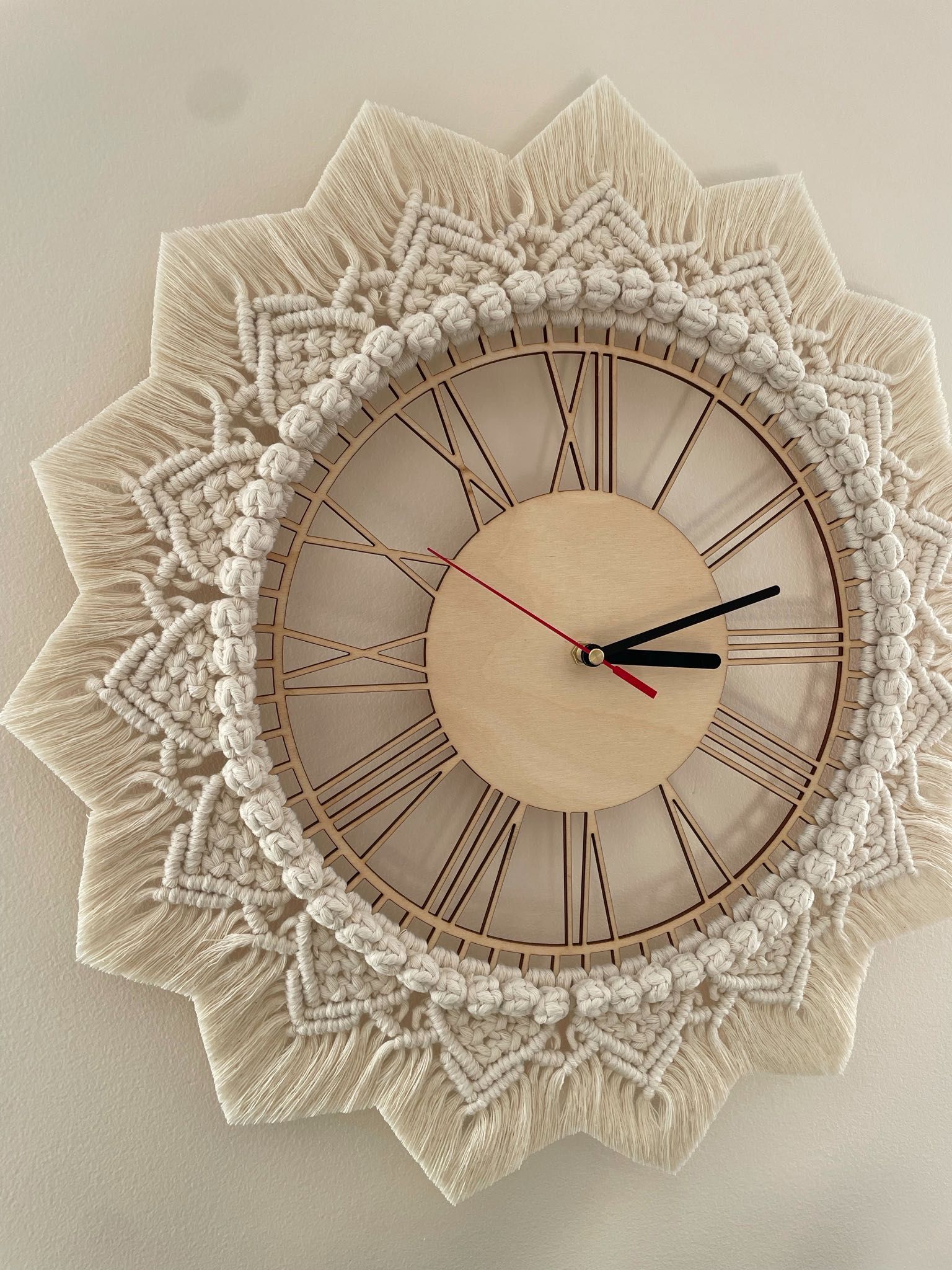 Zegar ścienny na ściane wiszący makrama boho sklejka drewno mandala