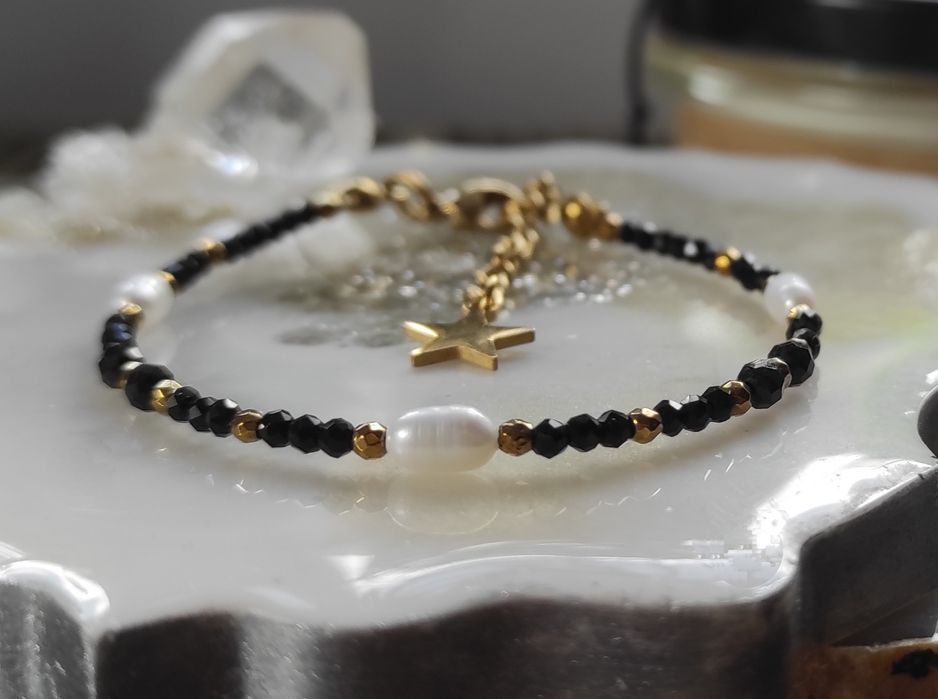 Bransoletka kamienie naturalne czarny Turmalin / Perła naturalna