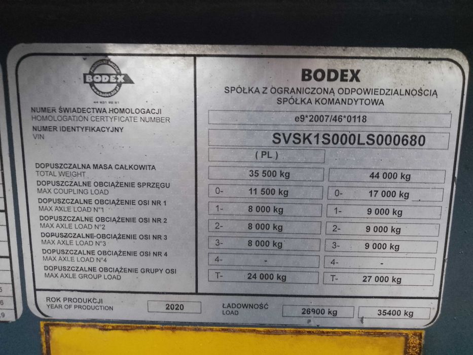 Naczepa BODEX / KIS3WS-K / Stalowa HARDOX / 2020r / 50m3 / Brutto