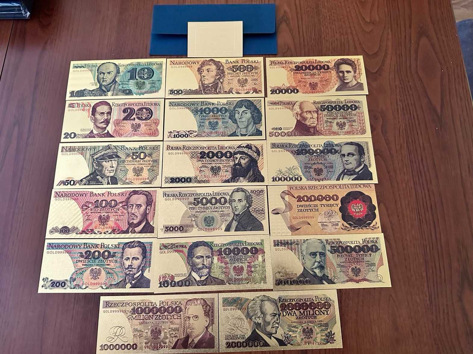 Banknoty polskie PRL złocone kopie 24k 17szt KOMPLET