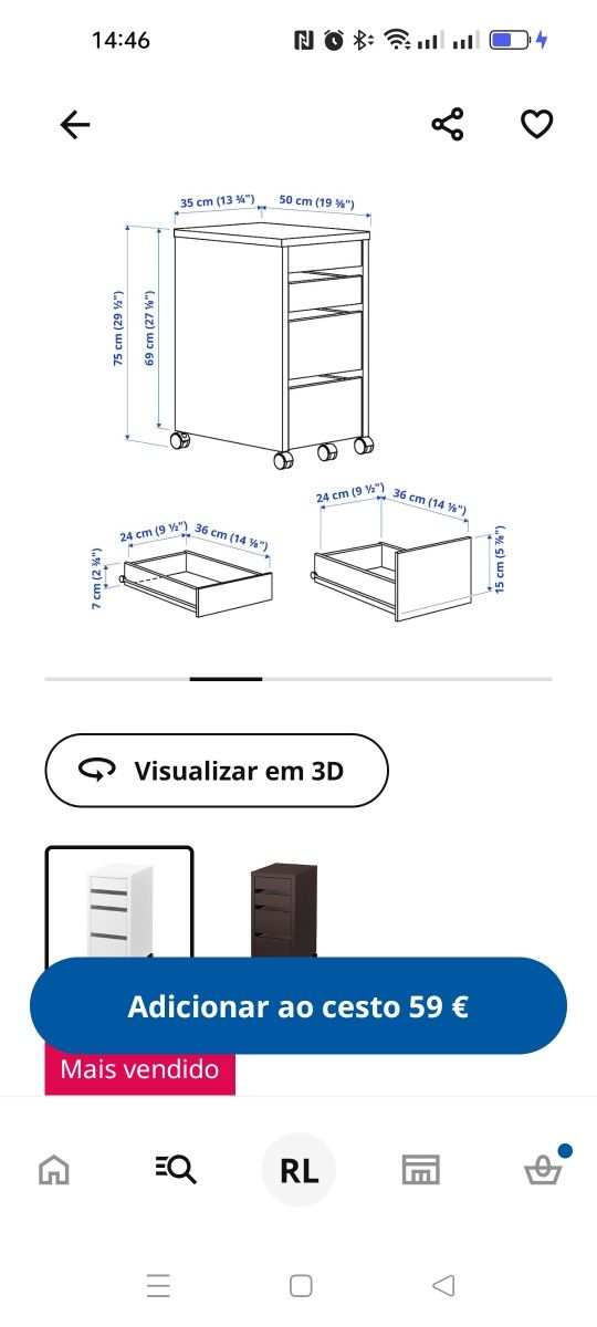 Bloco de gavetas para escritório com rodízios IKEA