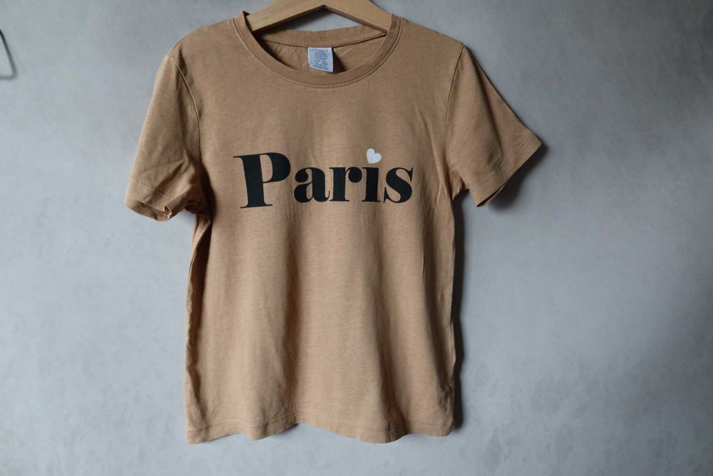 Koszulka 122 128 LINDEX jasny brąz cappuccino napis PARIS t-shirt