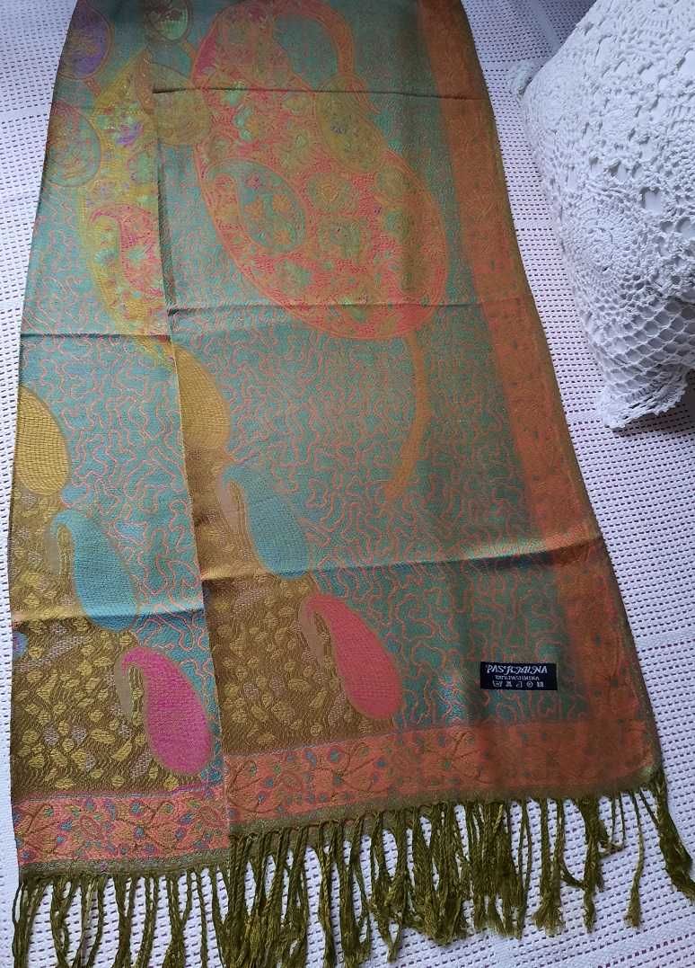 Pashmina 100% kaszmir wełna paisley turkus zielona fuksja chusta szal