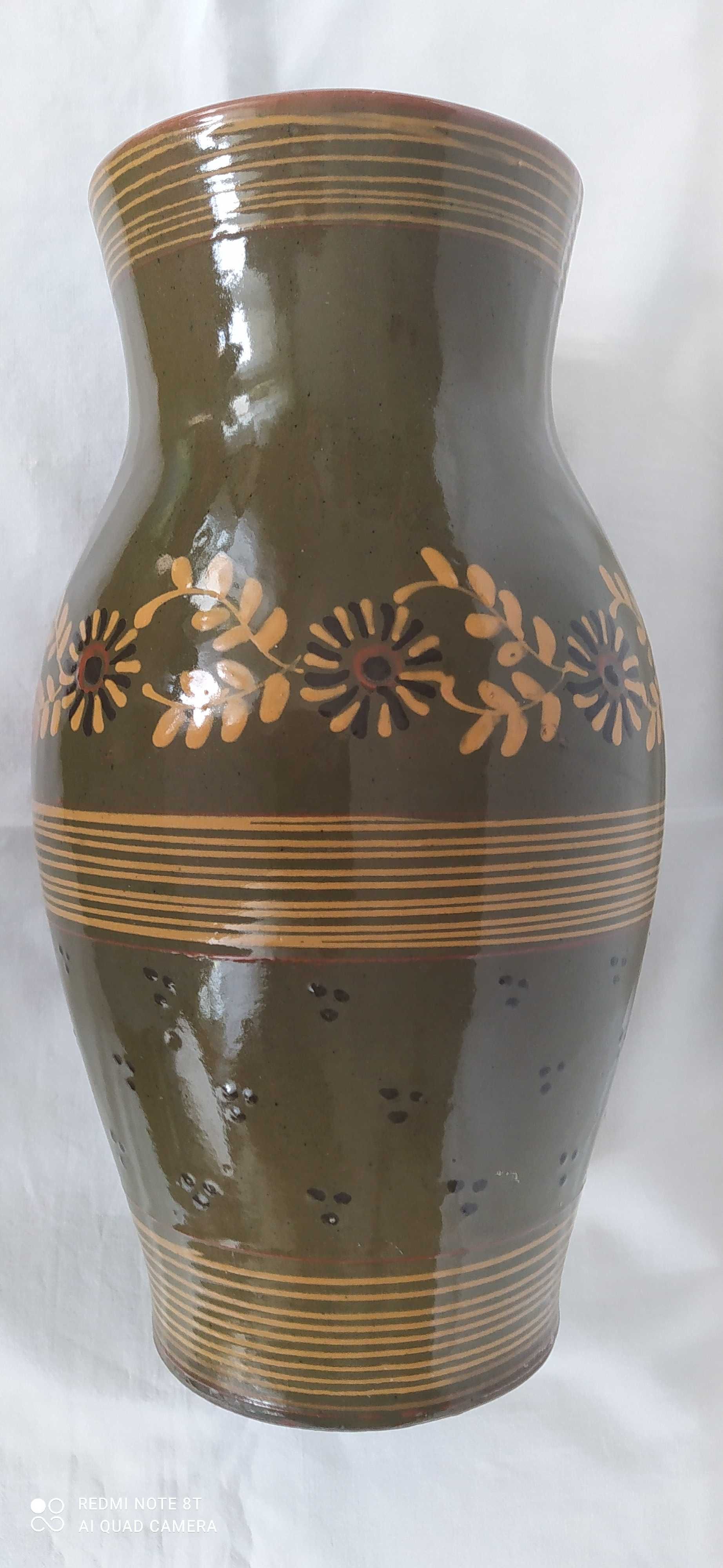 Wazon ceramiczny o pięknym wzorze ręcznie malowany z PRLu - 34cm.
