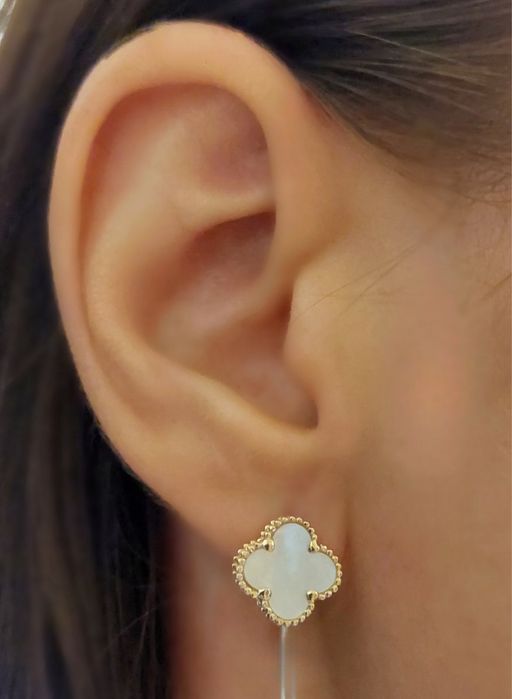 Золотые серьги Ван клиф клевер золото 585 проба с перламутром