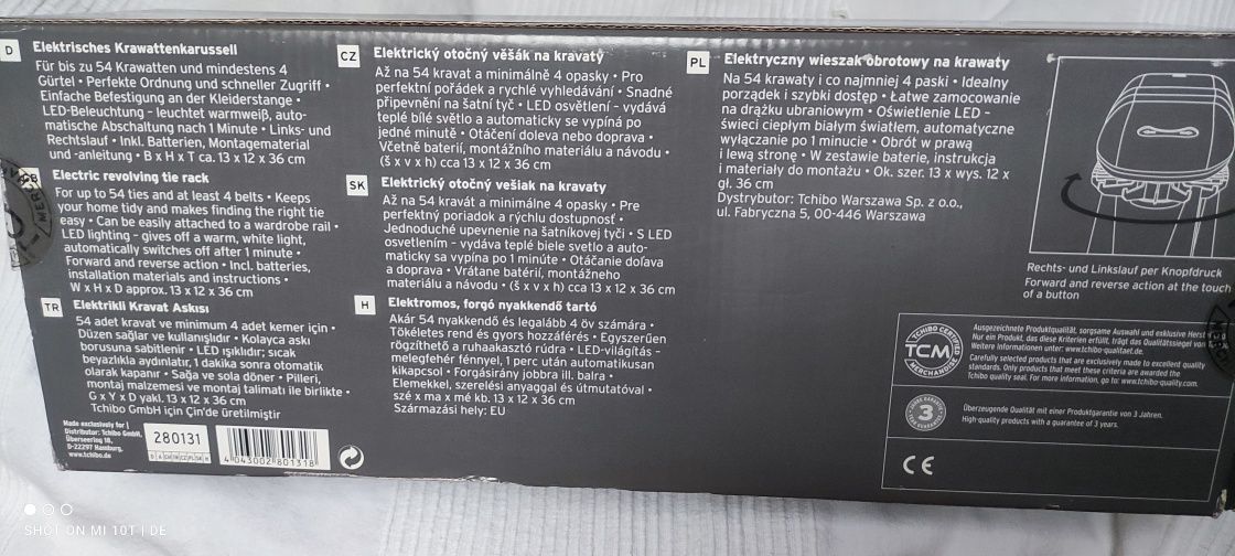 elektryczny obrotowy wieszak na krawaty paski do szafy TCHIBO TCM