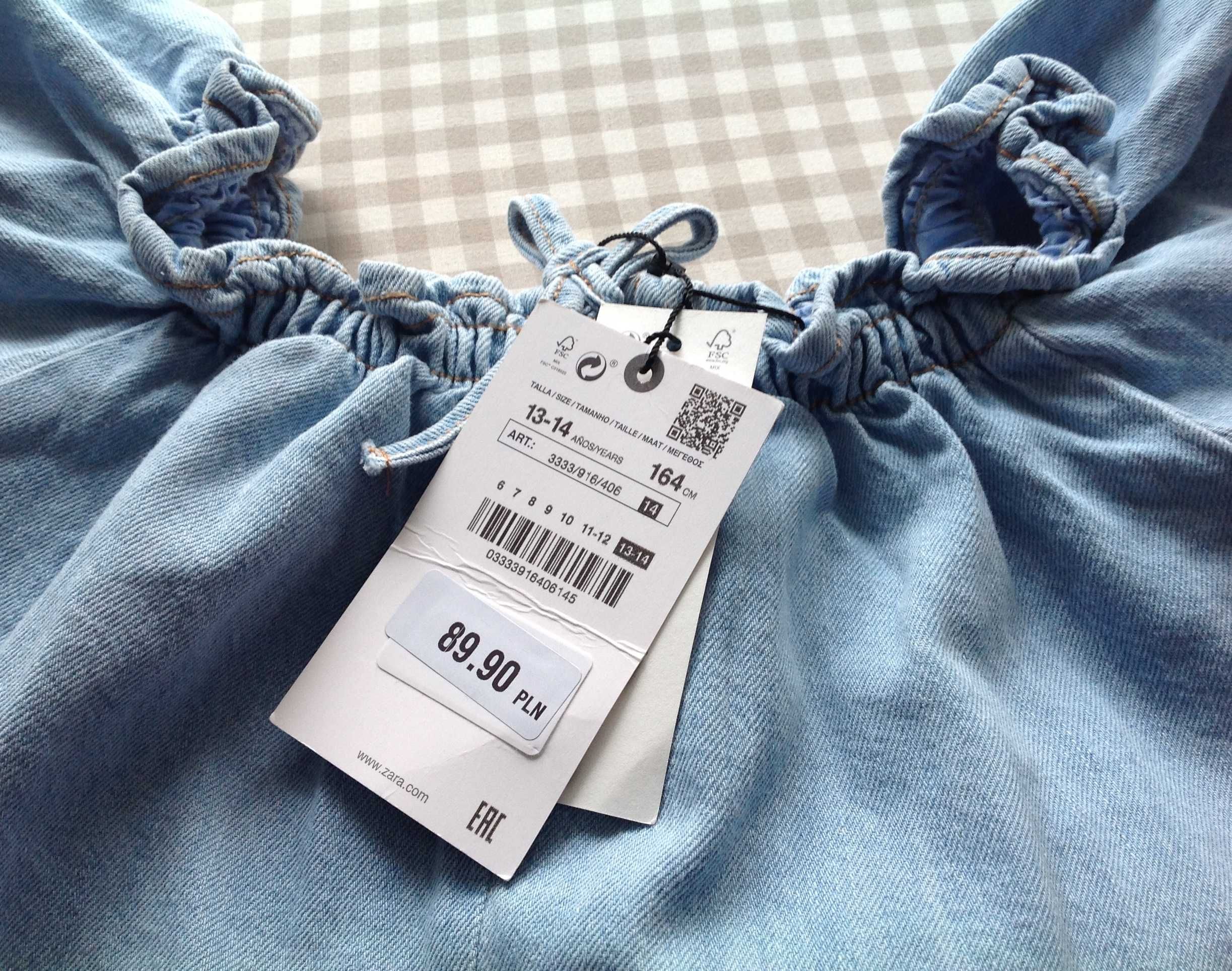 Zara nowy kombinezon jeansowy z bufiastymi rękawami 13 14 lat