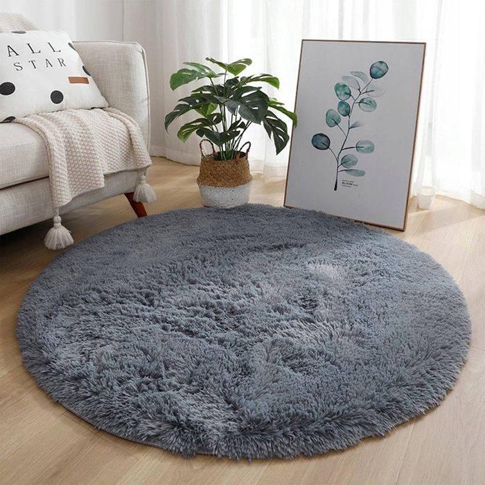 NOWY Pluszowy Dywan Shaggy Okrągły SilverFur Gruby Puszysty 120x120 cm