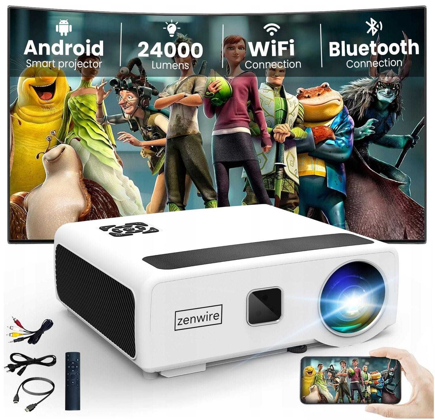 Projektor Rzutnik LED WiFi Bluetooth Android 4K 24000lm Zenwire e660h