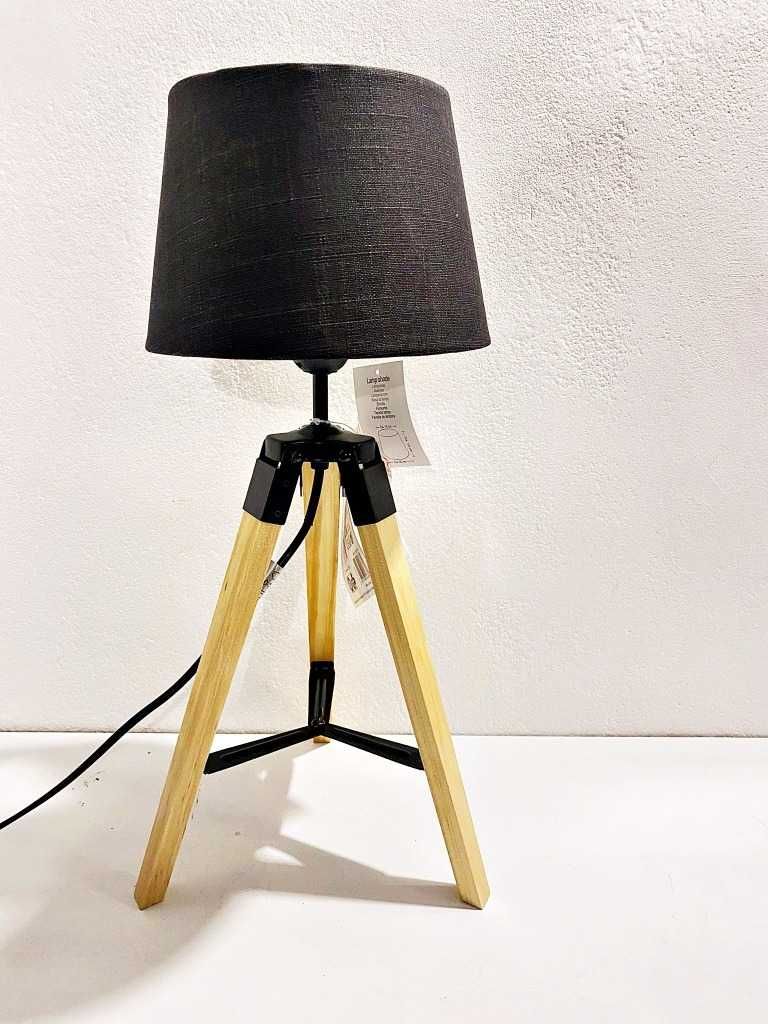 DREWNIANA lampa mini tripod, STATYW, nocna lampka