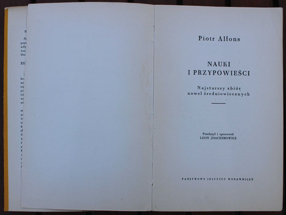 Piotr Alfons, Nauki i przypowieści. Najstarszy zbiór nowel.., PAX 1958