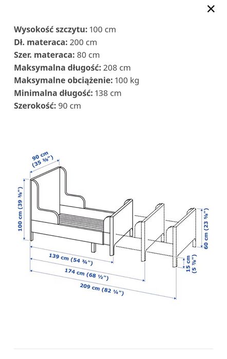 Łóżko Ikea, rozsuwana rama model Busunge