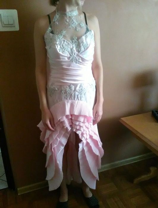 Suknia ślubna cywilny, balowa pudrowy ròż asymetryczna