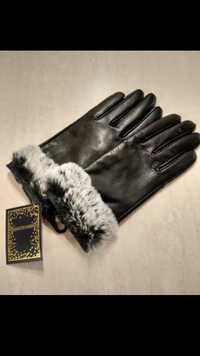 Nowe  czarne skórzane rękawiczki z futerkiem