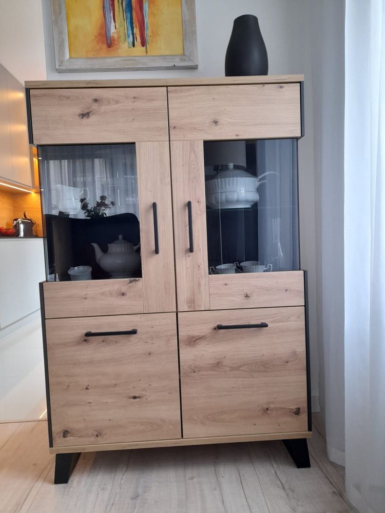 Zestaw mebli do salonu - czerń i drewno
