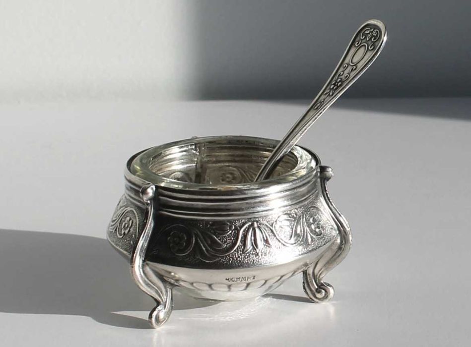 Srebrna solniczka Wkład szklany Łyżeczka Czyszczone Mam 5 szt.