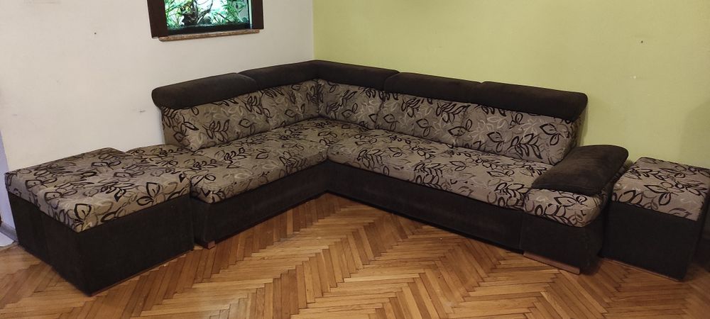 Duży narożnik z funkcją spania 270x200cm + 3 pufy, pojemnik na pościel