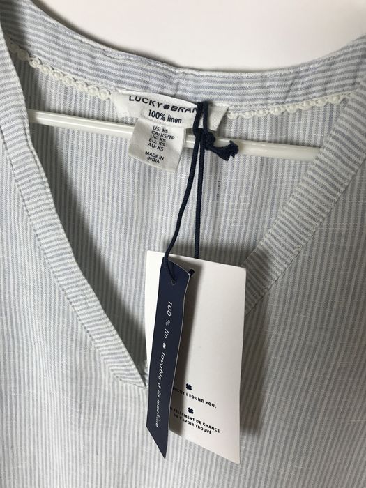 Błękitna lniana wakacyjna, letnia sukienka w białe paski Lucky Brand