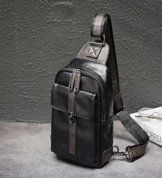 Мужская кожаная бананка модная сумка ранец портфель на грудь на плечо
