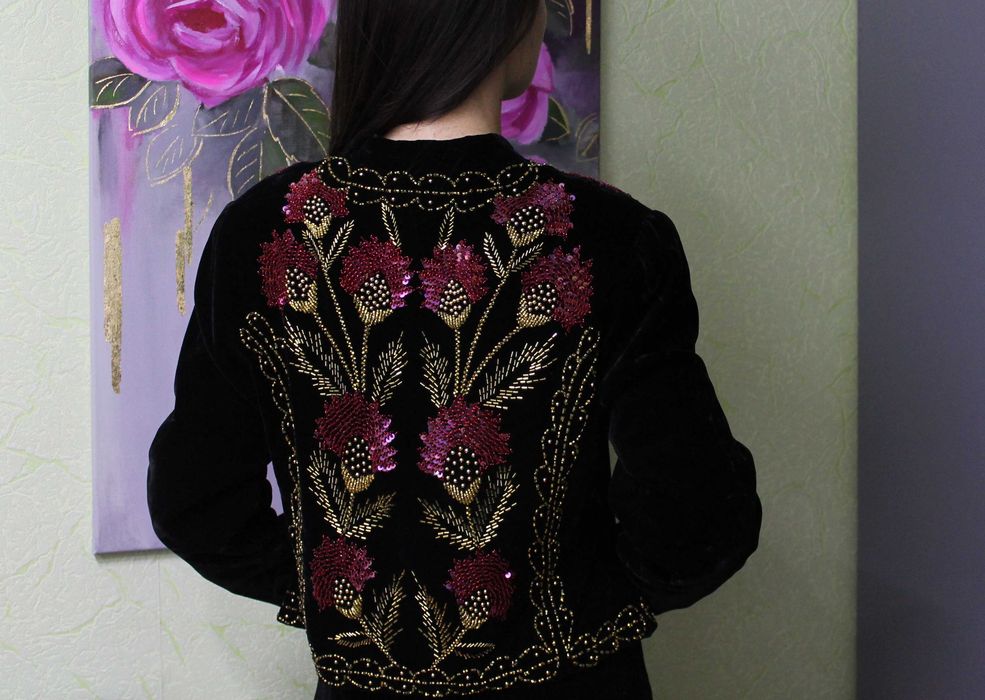Вінтажний вишитий намистом, паєтками оксамитовий чорний піджак germany