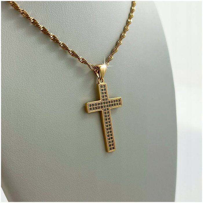 Złoty Łańcuszek Singapur + Krzyżyk Z Cyrkoniami Komunia Chrzest + Dedy