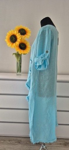 Lniana tunika błękitna asymetryczna regulowany rękaw