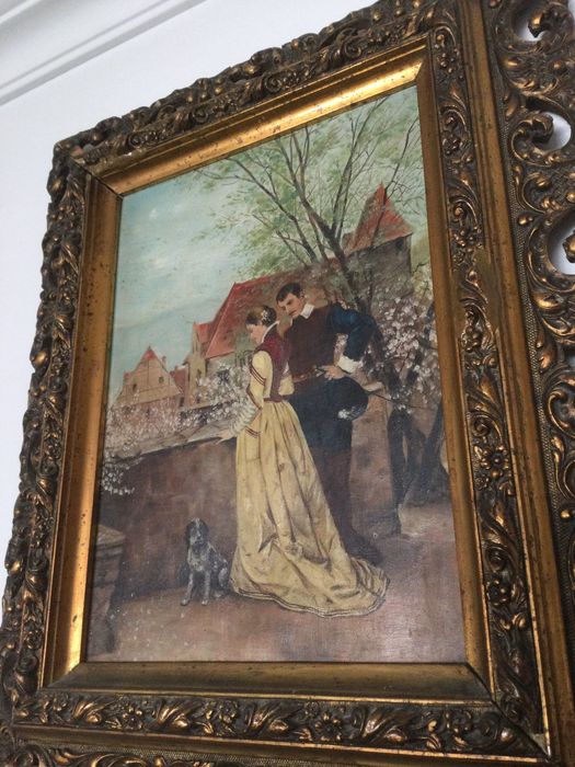 Pintura óleo assinada Brehm e datada 1903 talha dourada 58 cm