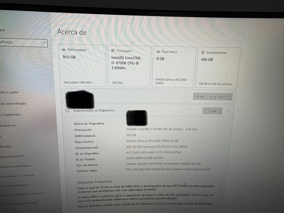 vendo desktop intel i7-9700k3.60ghz com rtx 2060super