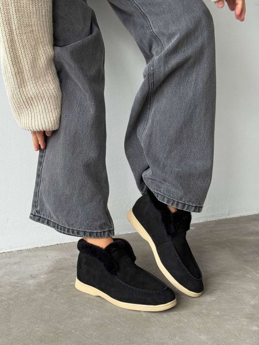 Женские замшевые зимние ботинки лоферы опушка