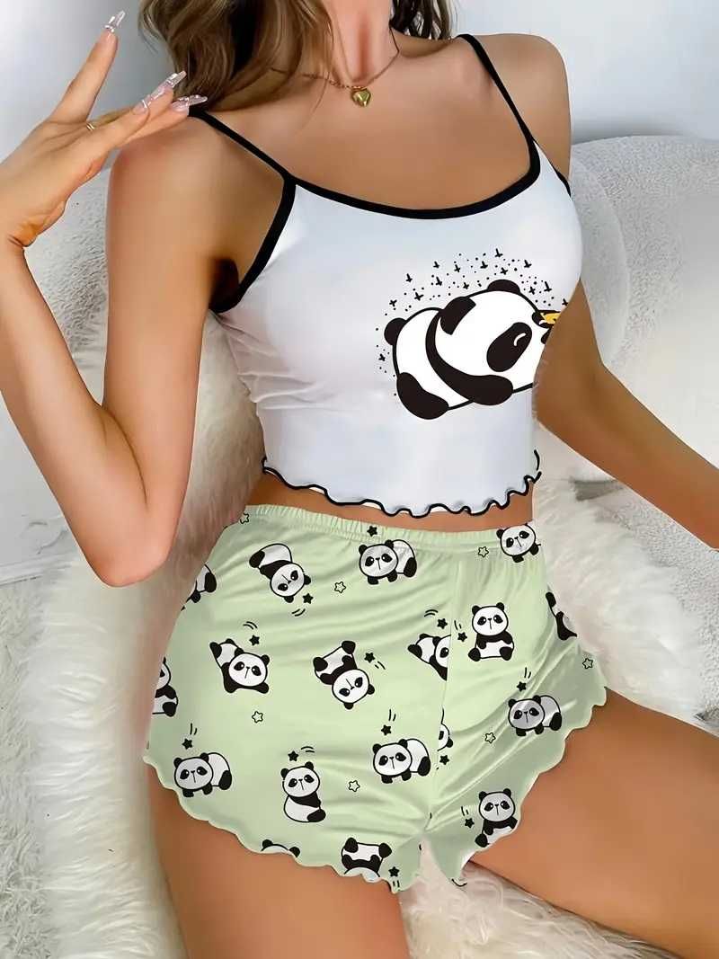 Piżama Damska Komplet Koszulka i Spodenki Damska Bielizna Śpiąca Panda