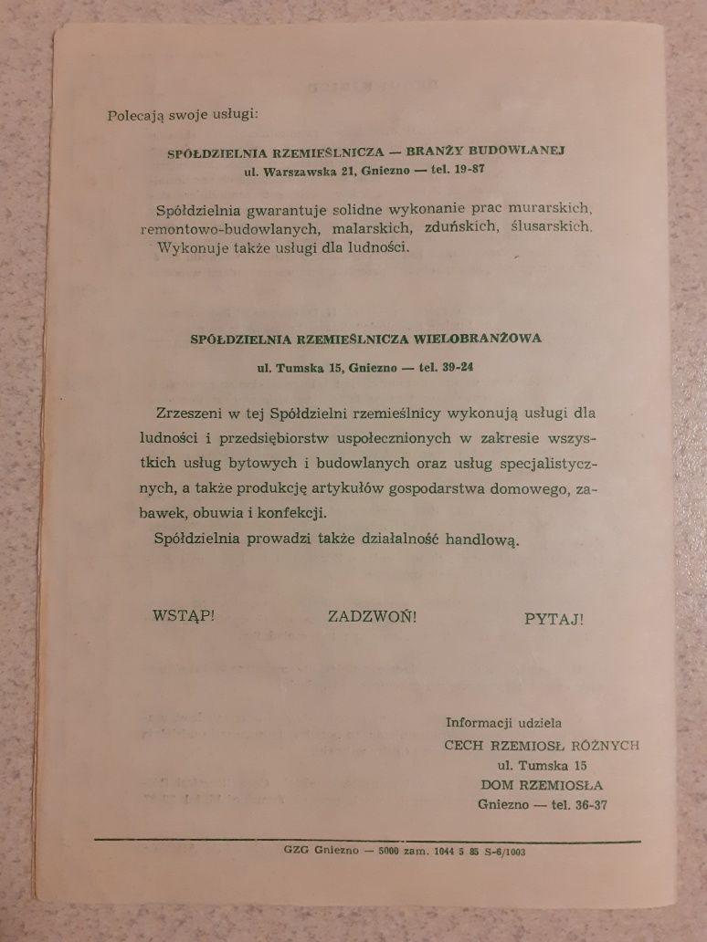 Program żużlowy Turniej o Puchar Rzemiosła Gniezno 1985r.