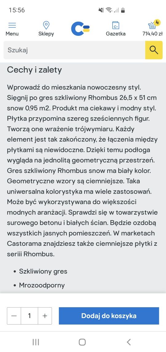Gres szkliwiony Rhombus 26,5 x 51 cm snow 0,95 m2, 4 opakowania