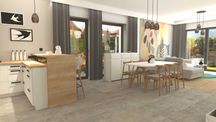 Projekt 3D salonu z kuchnią i jadalnią