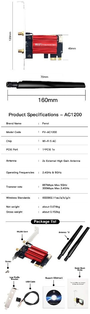 Сетевая карта WiFi 6E Bluetooh 5.3 Fenvi AX1800 AX5400 AC1200
