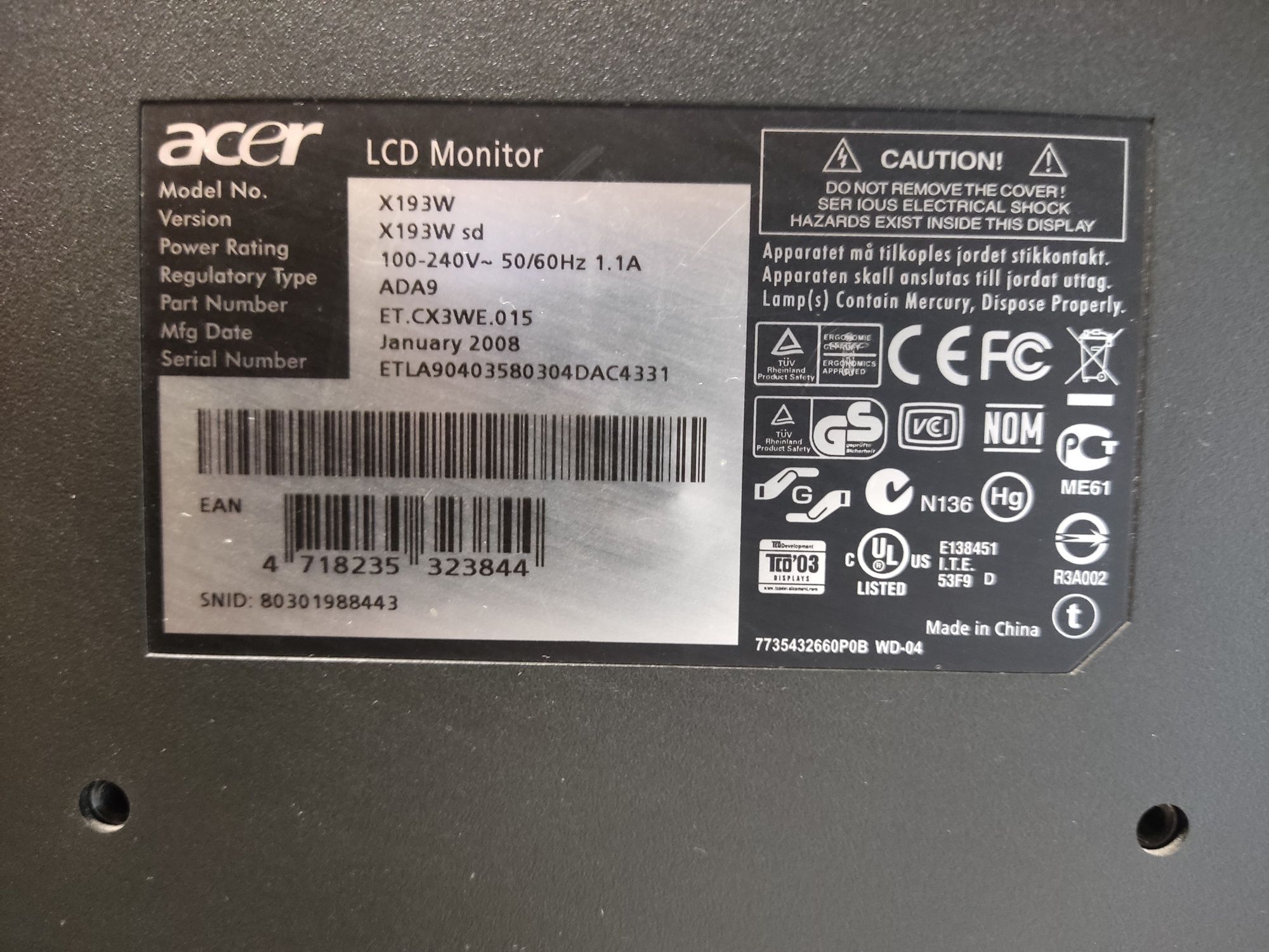 Монітори Acer x193w(19")