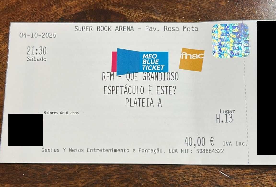 2 Bilhetes RFM - Que grandioso espetáculo - 4 de outubro