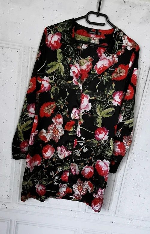 Sukienka Koszulowa Satynowa Kwiaty Elegancka Boho Retro Vintage M