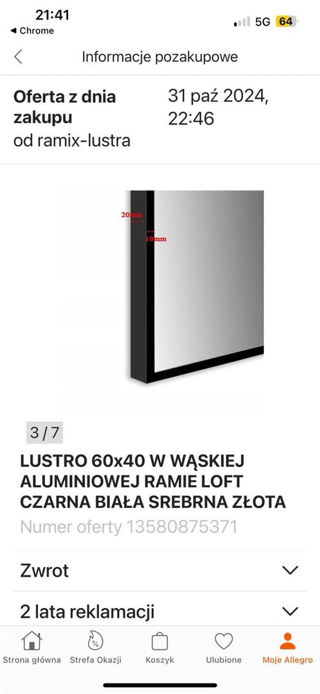 Nowe Lustro w czarnej ramie 40x60 styl loft