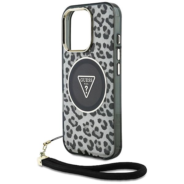 Etui Guess HC IML Leopard Triangle Cord Strap MagSafe do iPhone 16 Pro