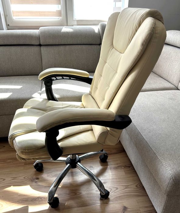 Fotel Obrotowy Biurowy Krzesło Biurowe Obrotowe Biur Beżowy z Podnóżek