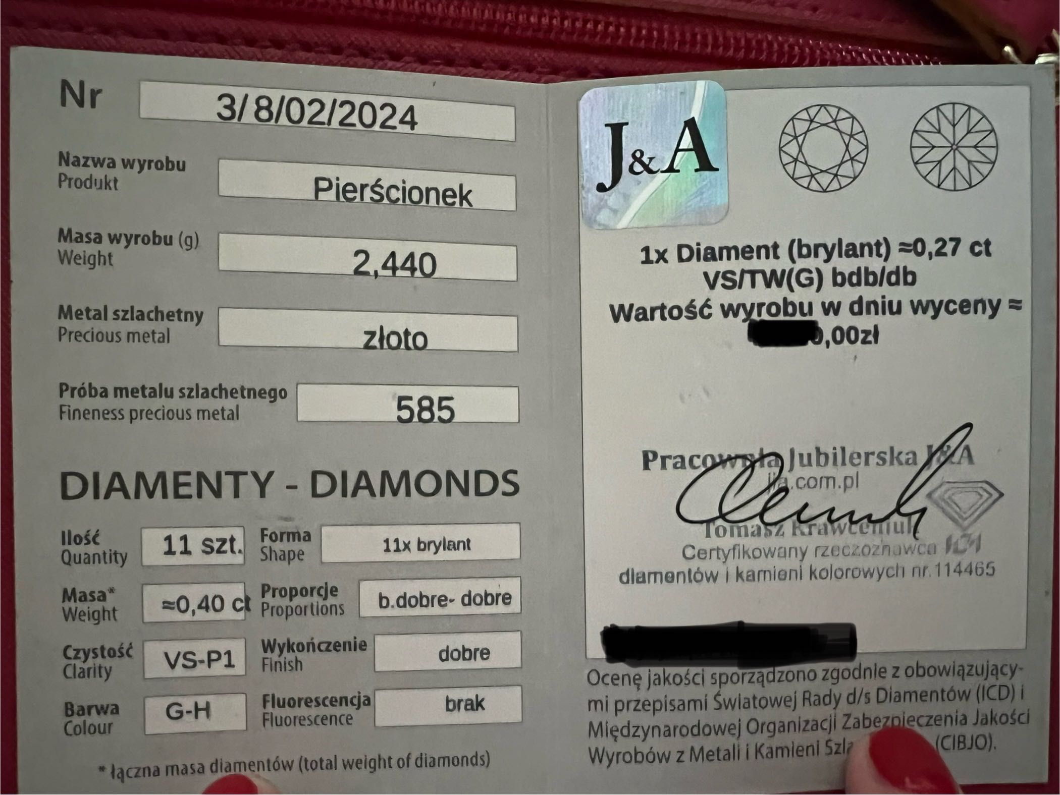 Pierścionek zaręczynowy z brylantami/14ct białe złoto-Certyfikat!