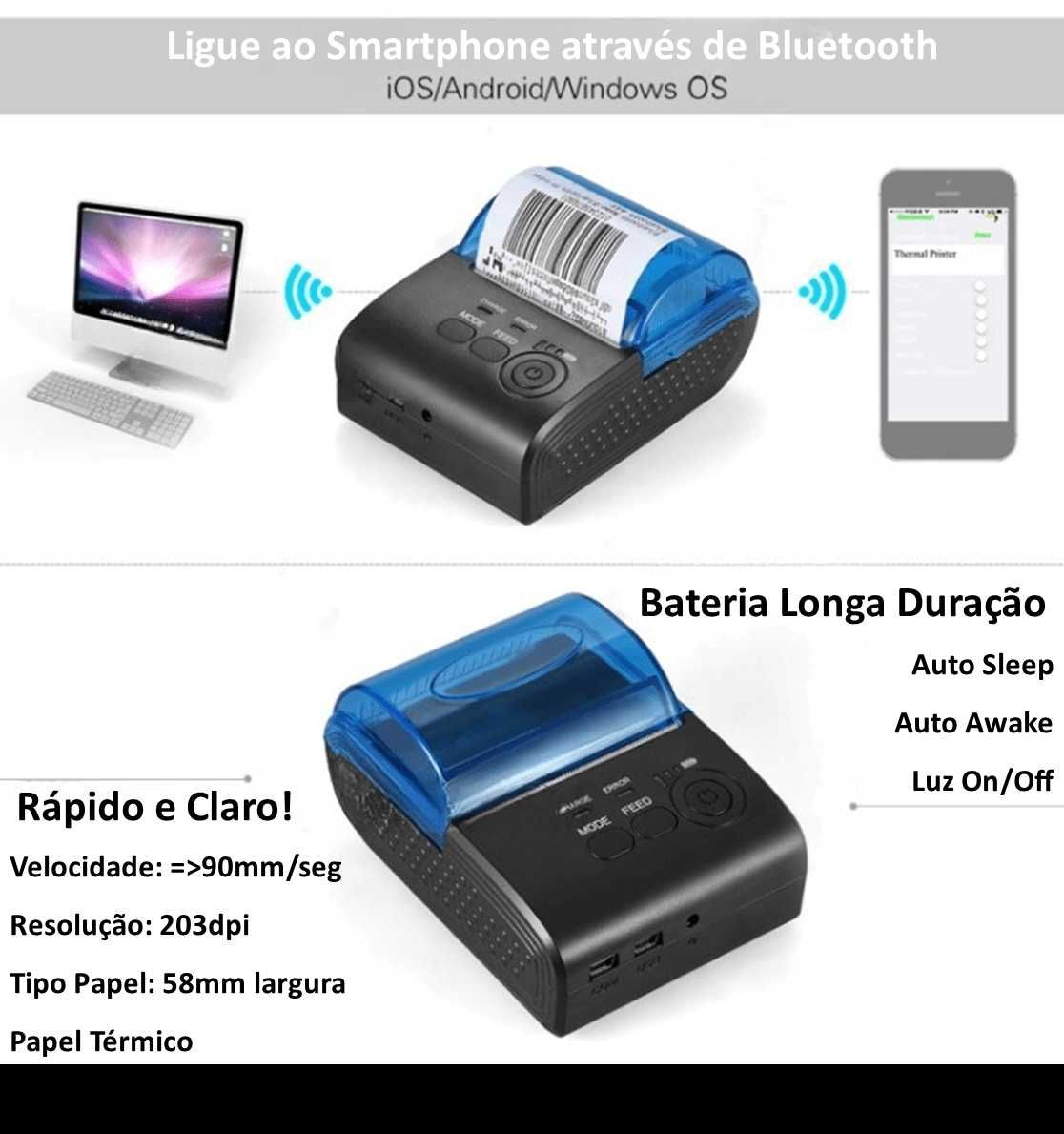 Mini Impressora Térmica Portátil: USB+Bluetooth, 58mm - POS-5805DD
