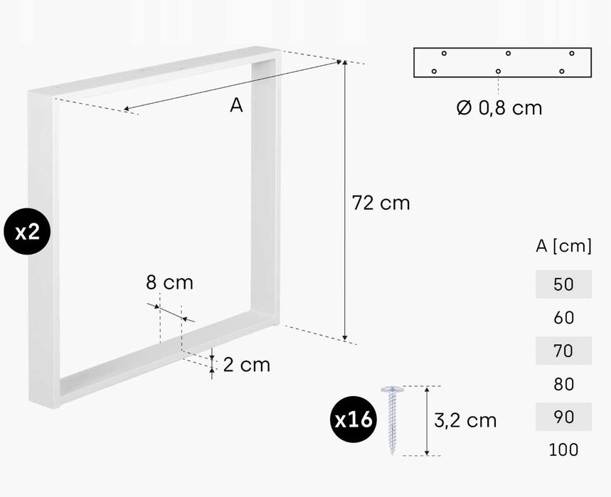Noga do stołu loft, biurka 60x72 metal kolor biały