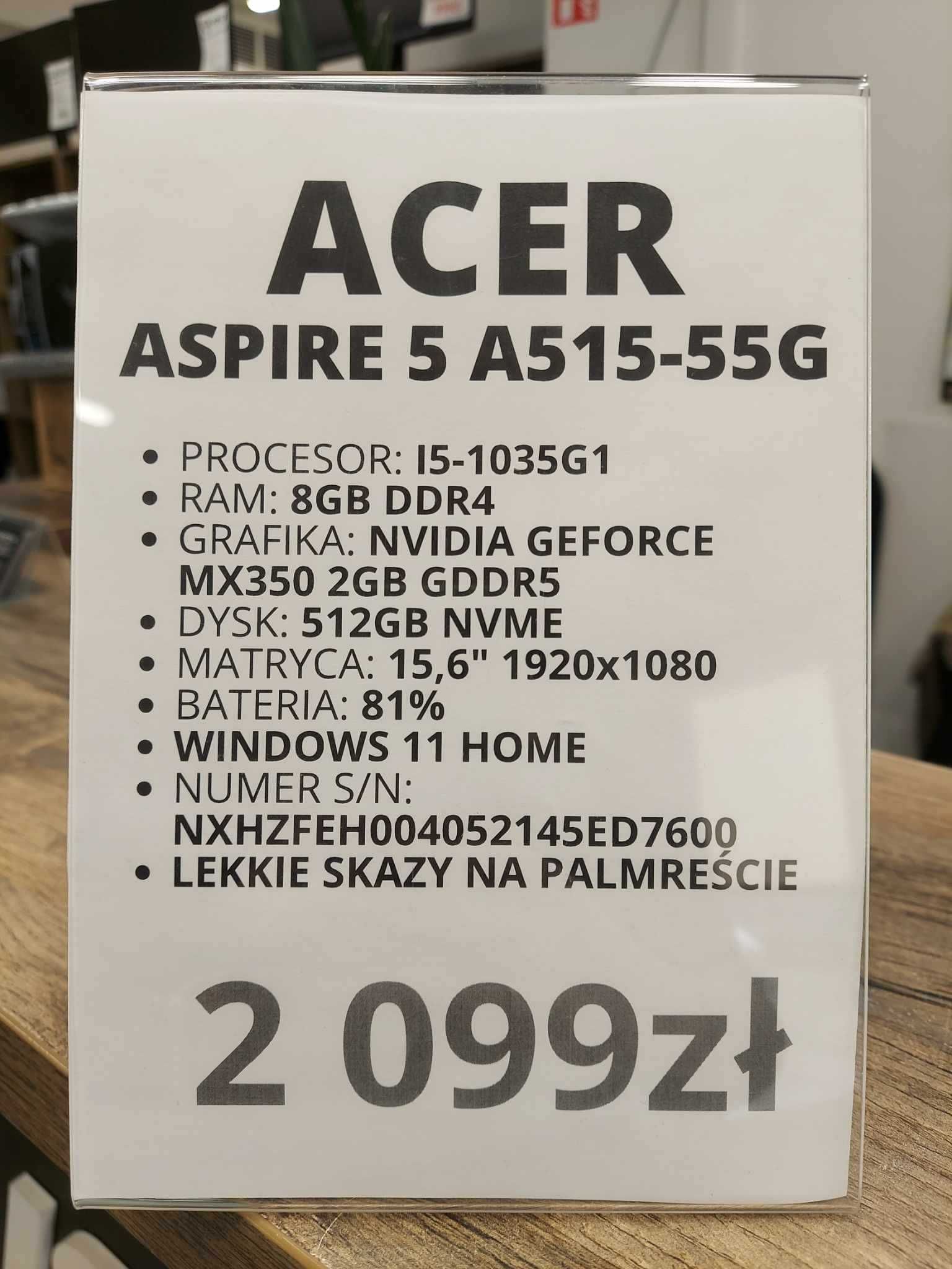 Laptop Acer Aspire 5 A515-55G I5-1035G1/8GB/512GB/WINDOWS 11 gwarancja