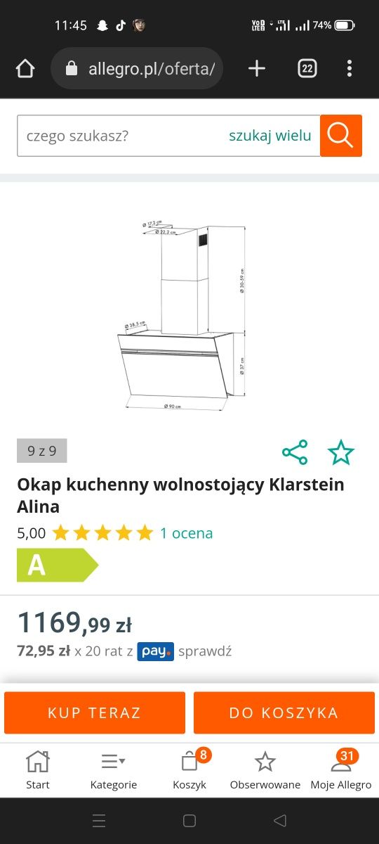 Sprzedam okap kuchenny nowy w foliwolnostojący 90cm szerokość