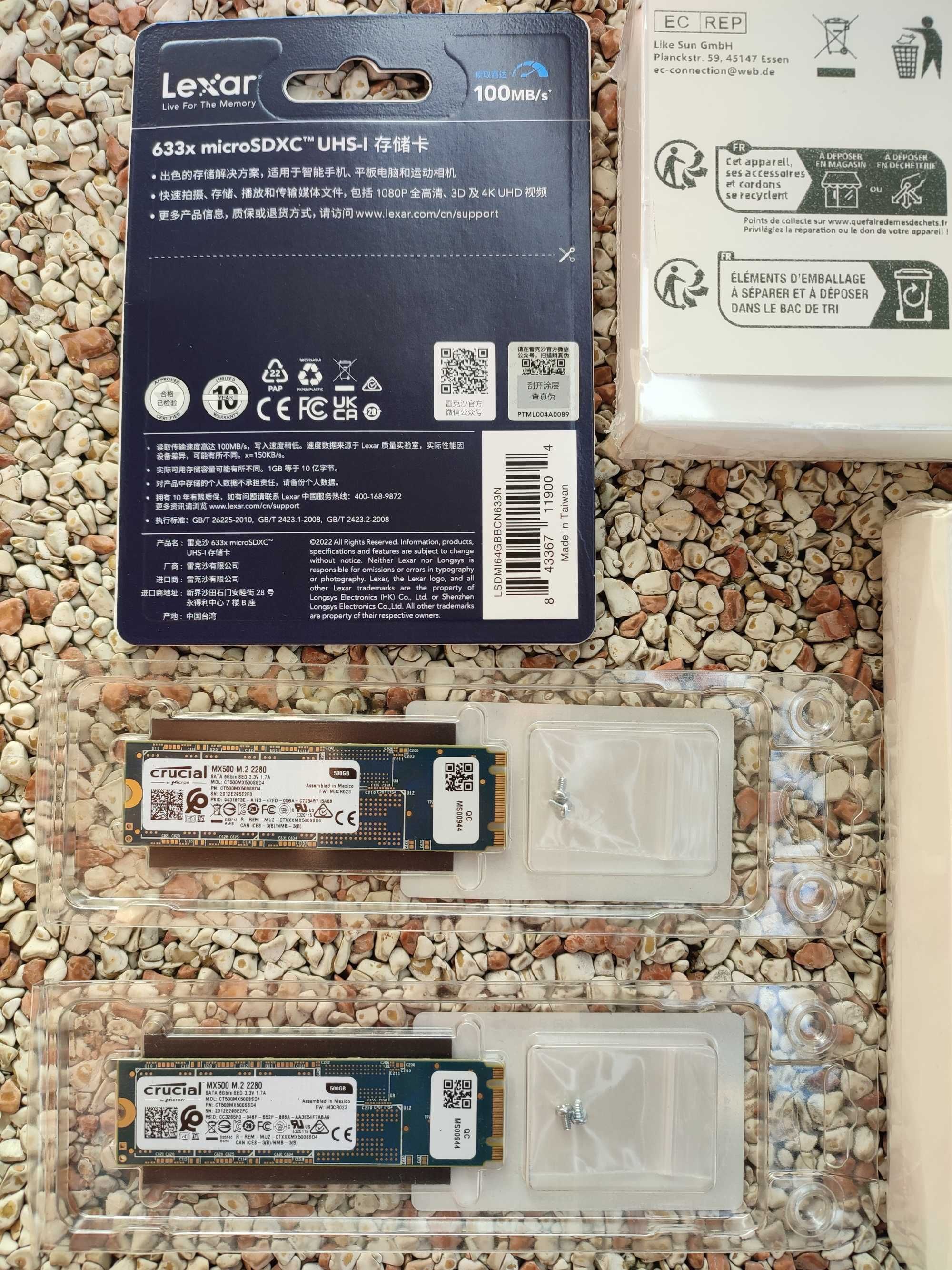 Karta pamięci Lexar 64GB + 2x SSD Crucial MX500 500GB + 2x obudowy m.2